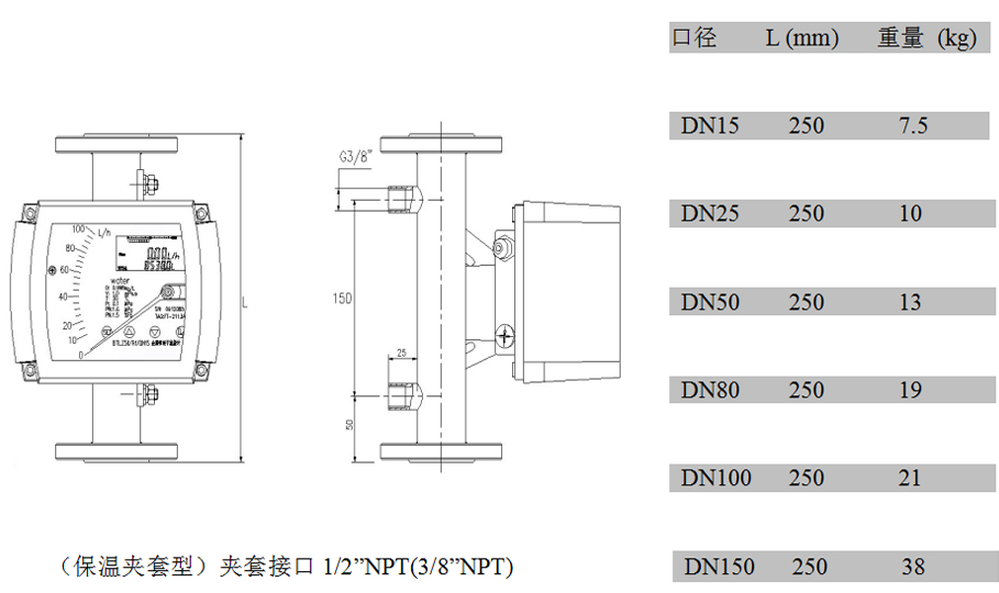 遠傳金屬轉子流量計夾套型外形尺寸及重量